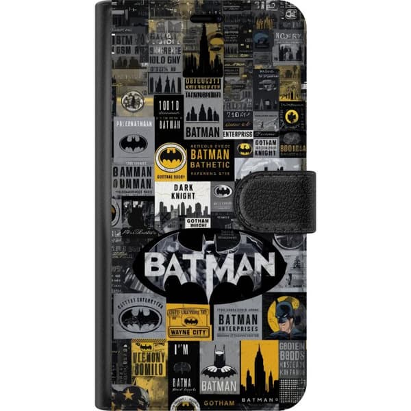 Kompatibel Tegnebogsetui til Apple iPhone 16 Plus Batman-inspireret collage med Gotham-tema i sort, grå og gul