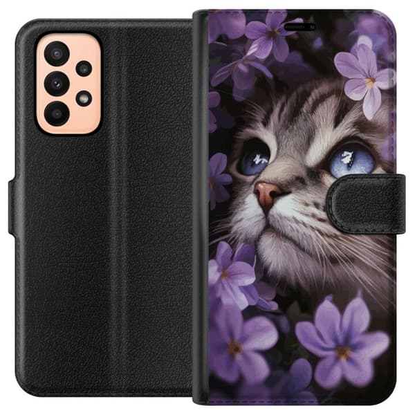 Kompatibel Tegnebogsetui til Samsung Galaxy A23 Kat og blomster