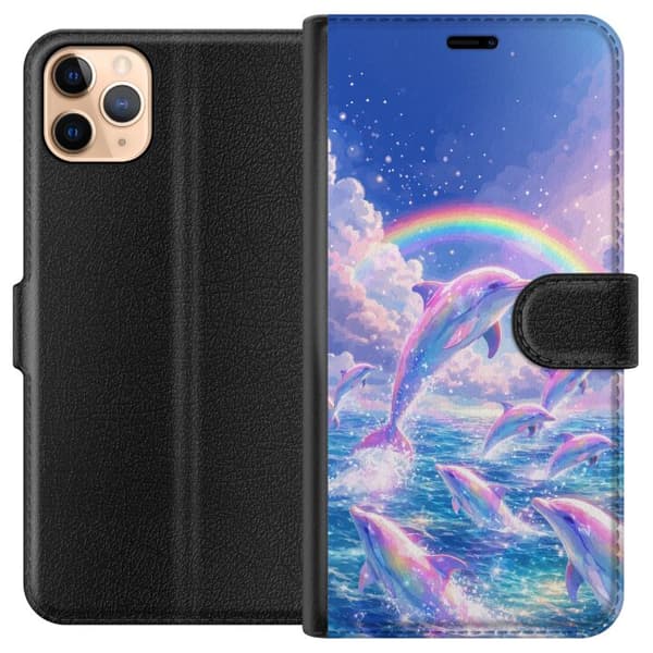Kompatibel Tegnebogsetui til Apple iPhone 11 Pro Max Glittrande regnbågsdelfiner