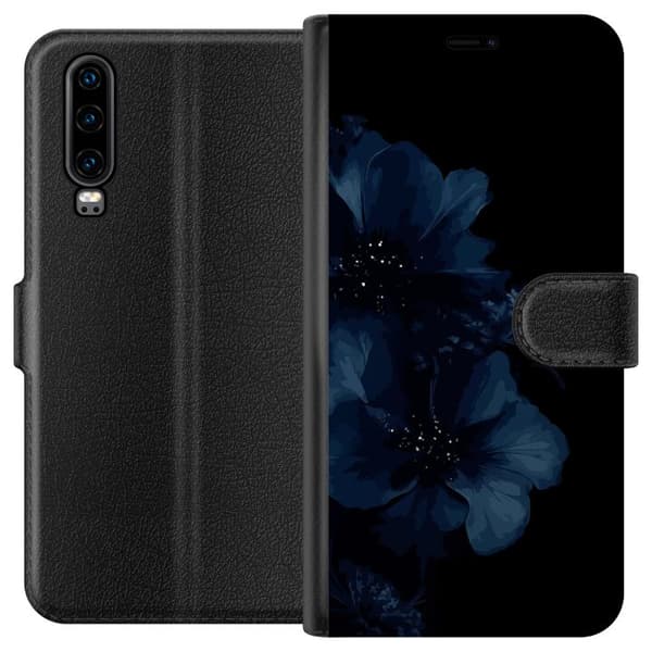 Kompatibel Tegnebogsetui til Huawei P30 Mörkblå blommor