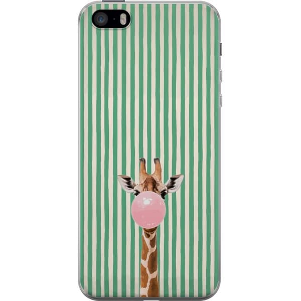 Kompatibelt Mobilskal till Apple iPhone 5s Giraff med rosa tuggummibubbla framför vertikala gröna och beige ränder