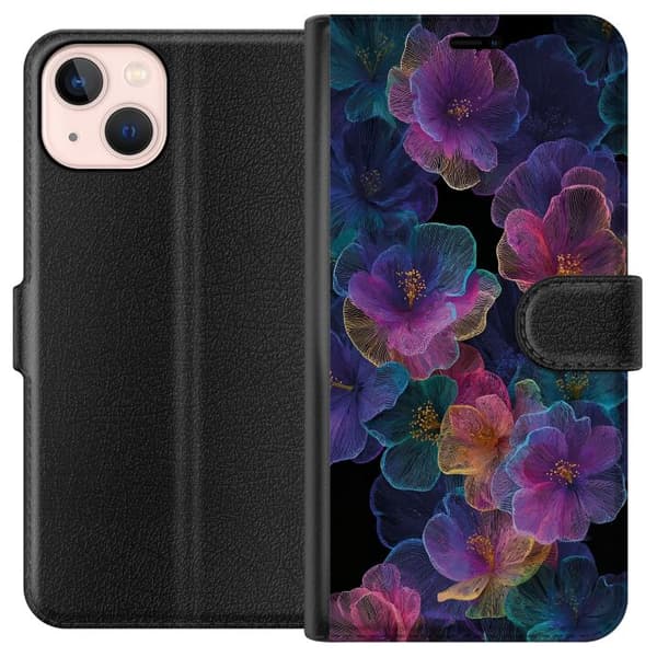 Kompatibel Tegnebogsetui til Apple iPhone 13 mini Elegant blomstermønster med mørk baggrund
