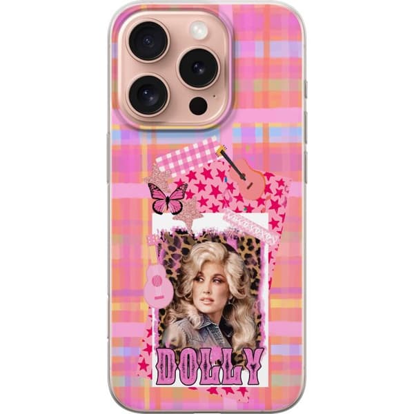 Kompatibelt Mobildeksel til Apple iPhone 16 Pro Dolly Parton-portrett i rosa collage med gitarer, sommerfugl, stjerner og leopardmønster