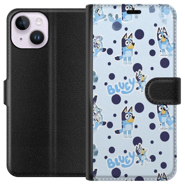 Kompatibel Tegnebogsetui til Apple iPhone 14 Bluey-mønster i lyseblåt design