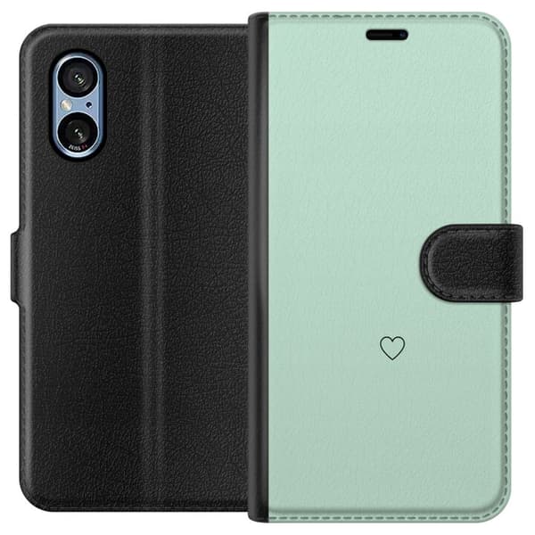 Kompatibel Tegnebogsetui til Sony Xperia 5 V Enkel sort hjertekontur centreret mod mintgrøn baggrund
