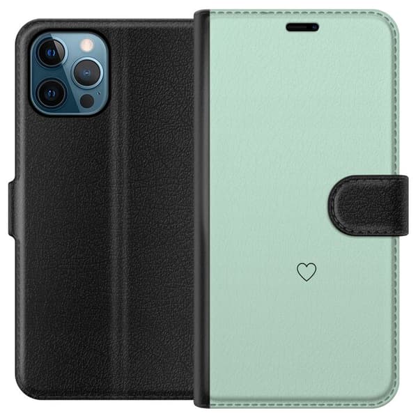 Kompatibel Tegnebogsetui til Apple iPhone 12 Pro Max Enkel sort hjertekontur centreret mod mintgrøn baggrund