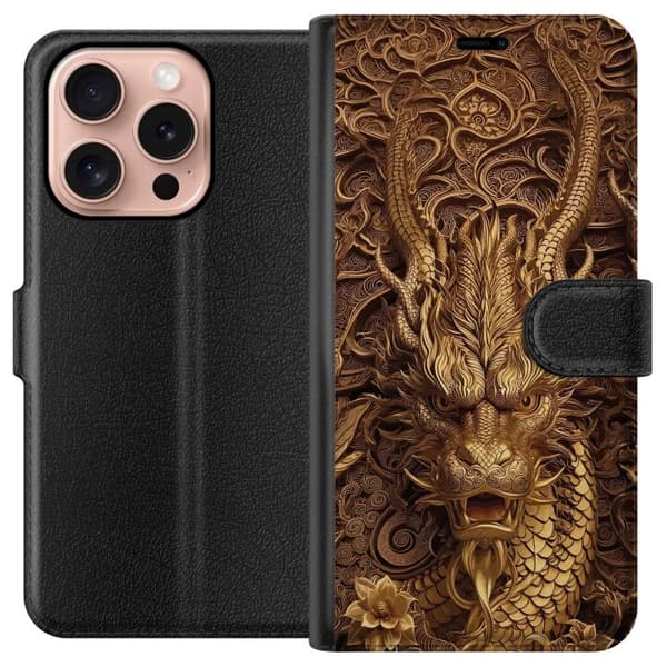Kompatibelt Plånboksfodral till Apple iPhone 16 Pro Elegant drakmotiv i guld
