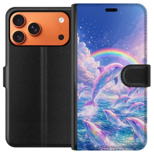 Kompatibel Tegnebogsetui til Apple iPhone 17 Pro Max Glittrande regnbågsdelfiner