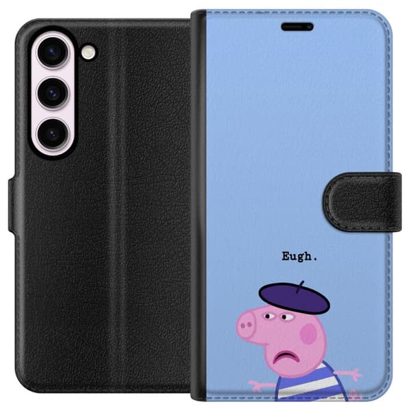 Kompatibel Tegnebogsetui til Samsung Galaxy S23 Peppa Pig med basker og teksten Eugh på lyseblå baggrund