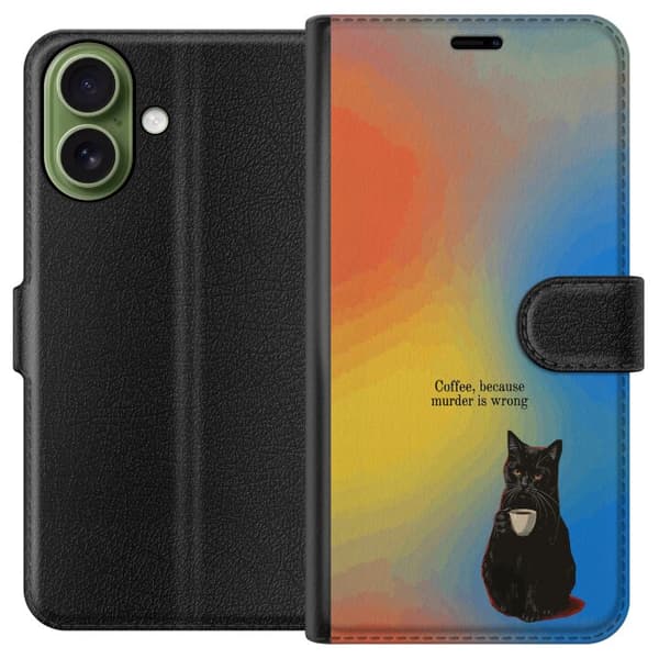 Kompatibel Tegnebogsetui til Apple iPhone 18 Humoristisk motiv med sort kat, kaffe og teksten Coffee Because Murder Is Wrong