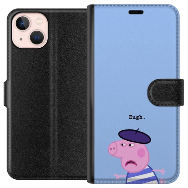 Kompatibelt Lommeboketui til Apple iPhone 13 mini Peppa Pig med beret og teksten Eugh på lyseblå bakgrunn
