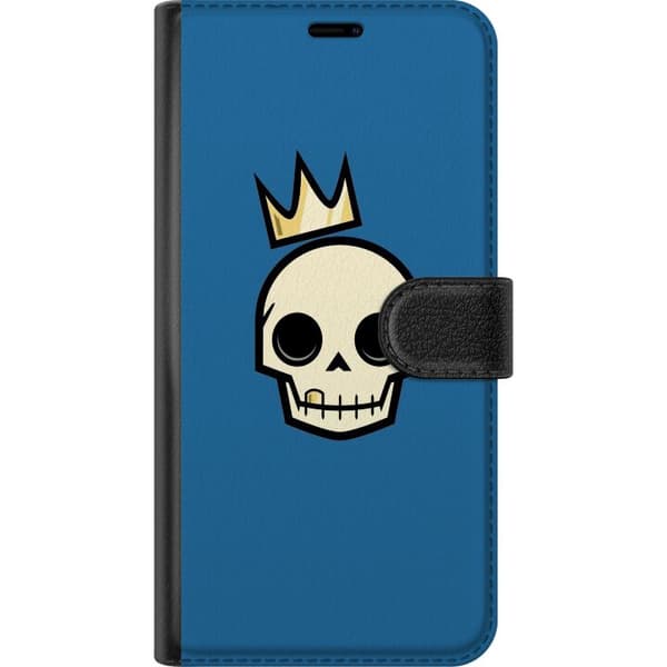 Kompatibel Tegnebogsetui til Apple iPhone 18 Hvidt kranium med guldkrones i minimalistisk design mod blå baggrund