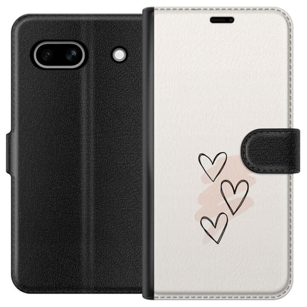 Kompatibel Tegnebogsetui til Google Pixel 7a Håndtegnede hjerter med diskrete rosa penselstrøg på lysebeige baggrund