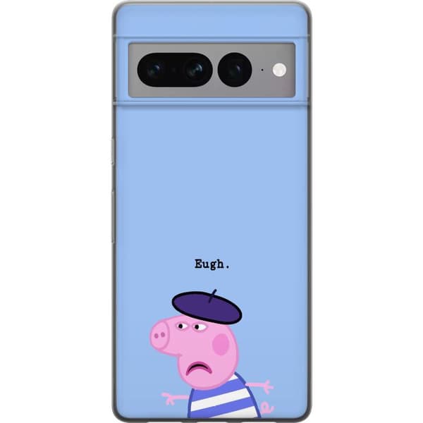 Kompatibel Mobilcover til Google Pixel 7 Pro Peppa Pig med basker og teksten Eugh på lyseblå baggrund