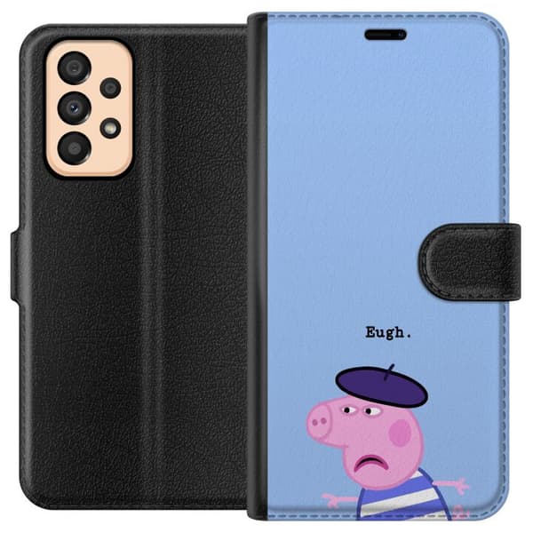 Kompatibel Tegnebogsetui til Samsung Galaxy A33 5G Peppa Pig med basker og teksten Eugh på lyseblå baggrund