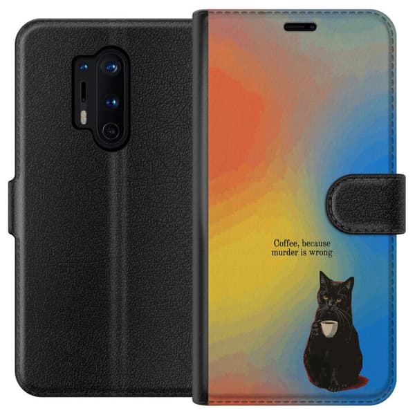 Kompatibel Tegnebogsetui til OnePlus 8 Pro Humoristisk motiv med sort kat, kaffe og teksten Coffee Because Murder Is Wrong