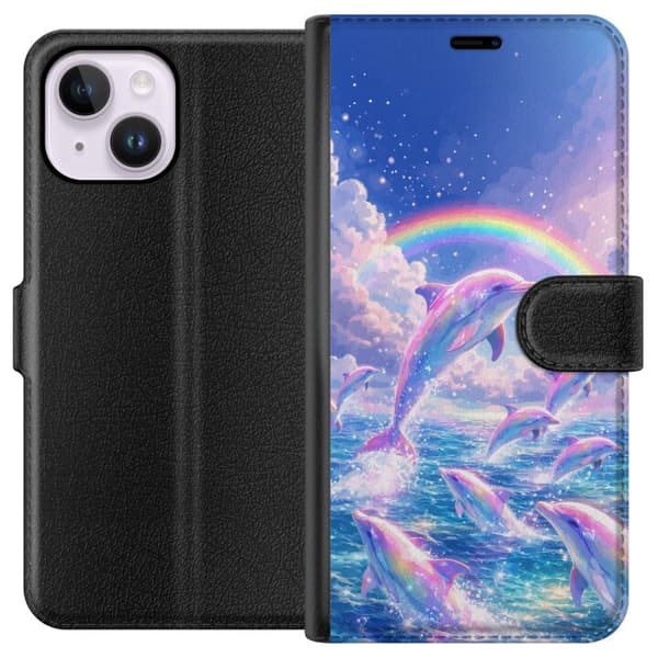 Kompatibel Tegnebogsetui til Apple iPhone 14 Plus Glittrande regnbågsdelfiner