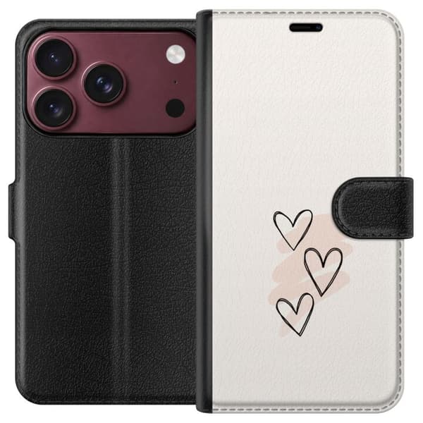 Kompatibel Tegnebogsetui til Apple iPhone 18 Pro Max Håndtegnede hjerter med diskrete rosa penselstrøg på lysebeige baggrund