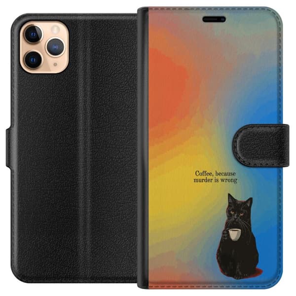 Kompatibel Tegnebogsetui til Apple iPhone 11 Pro Max Humoristisk motiv med sort kat, kaffe og teksten Coffee Because Murder Is Wrong