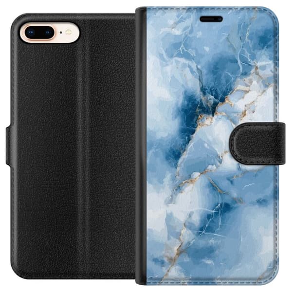 Kompatibel Tegnebogsetui til Apple iPhone 7 Plus Elegant blåt marmormønster med hvide partier og guldfarvede detaljer