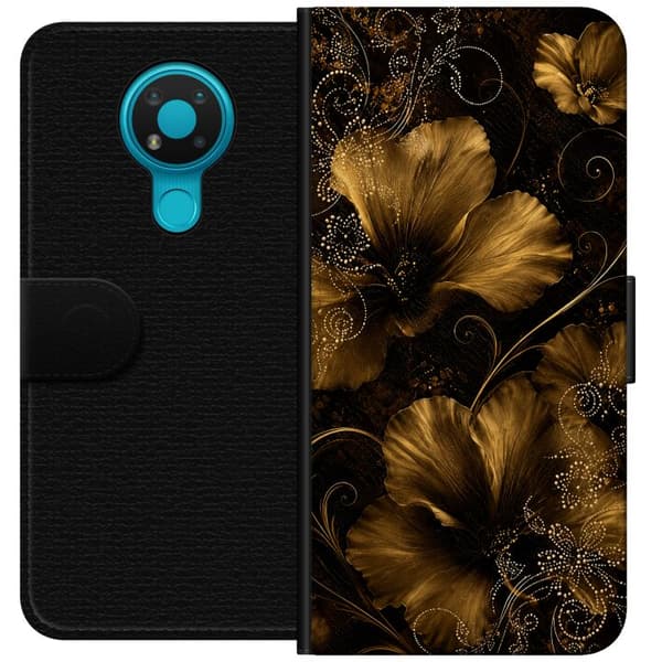 Kompatibelt Lommeboketui til Nokia 3.4 Gyllen blomstring