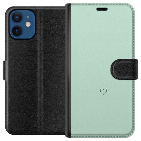Kompatibel Tegnebogsetui til Apple iPhone 12 Enkel sort hjertekontur centreret mod mintgrøn baggrund