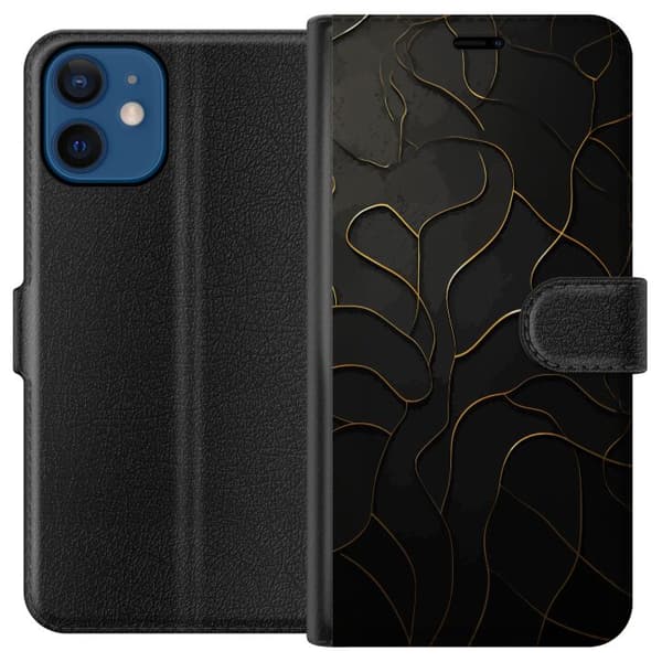Kompatibel Tegnebogsetui til Apple iPhone 12 Abstrakte organiske sorte former med elegante guldfarvede linjer