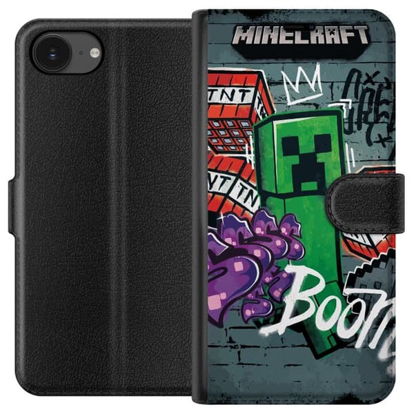 Kompatibelt Plånboksfodral till Apple iPhone 16e Grönt spelmotiv med blockfigur, dynamit och grafiska graffitidetaljer