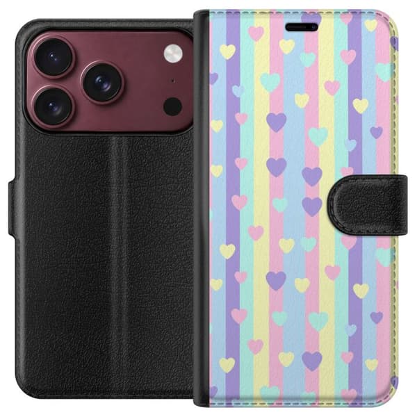 Kompatibel Tegnebogsetui til Apple iPhone 18 Pro Pastelfarvede lodrette striber med spredte hjerter i flere farver
