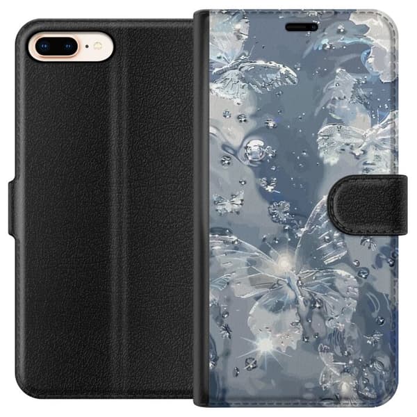 Kompatibel Tegnebogsetui til Apple iPhone 8 Plus Sølvfarvede sommerfugle og glitrende vanddråber på blågrå baggrund