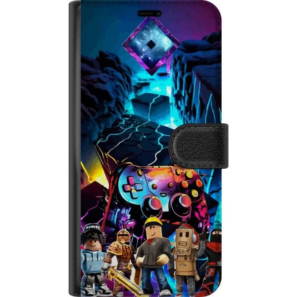 Kompatibel Tegnebogsetui til Apple iPhone 17e Roblox spilkarakterer foran neonfarvet spilcontroller