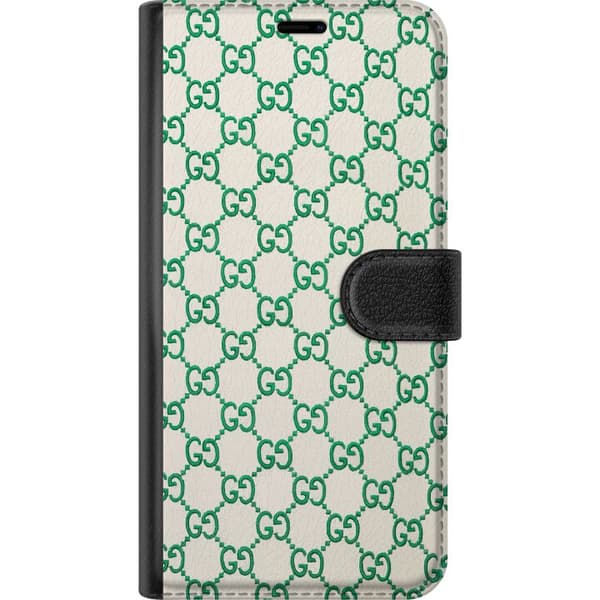 Kompatibelt Lommeboketui til Google Pixel 8a Grønt gjentatt monogrammønster på lys bakgrunn med geometrisk design