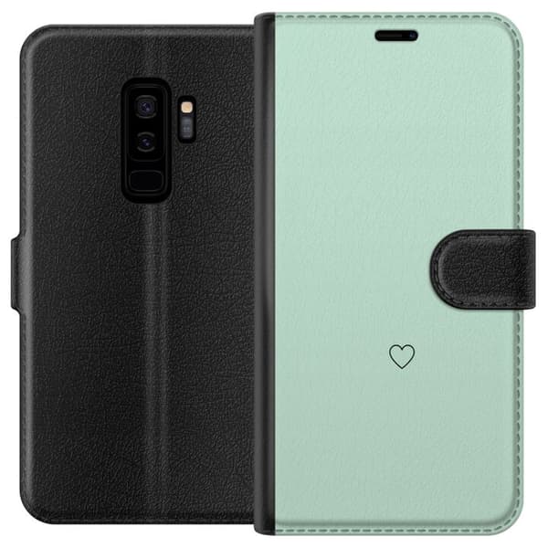 Kompatibel Tegnebogsetui til Samsung Galaxy S9+ Enkel sort hjertekontur centreret mod mintgrøn baggrund