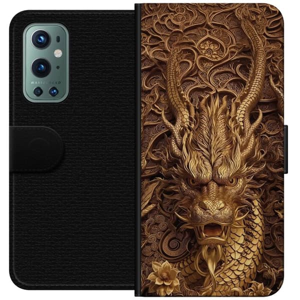 Kompatibelt Lommeboketui til OnePlus 9 Pro Elegant dragemotiv i gull
