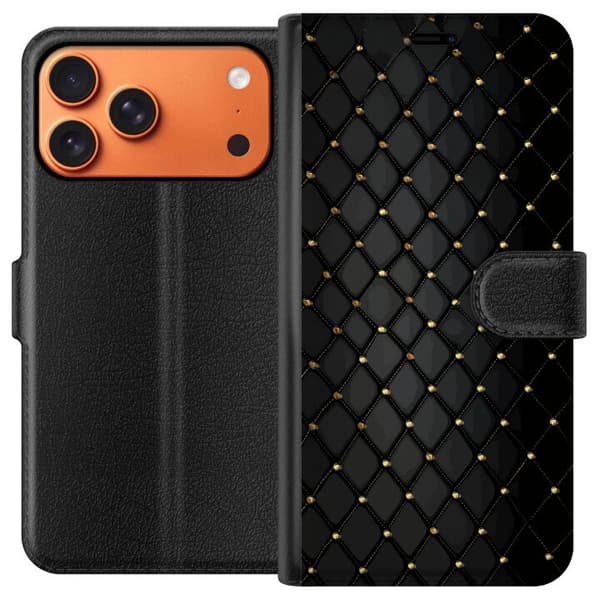 Kompatibel Tegnebogsetui til Apple iPhone 17 Pro Max Elegant sort diamantmønster med guldfarvede linjer og detaljer