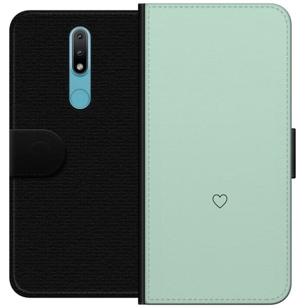 Kompatibel Tegnebogsetui til Nokia 2.4 Enkel sort hjertekontur centreret mod mintgrøn baggrund