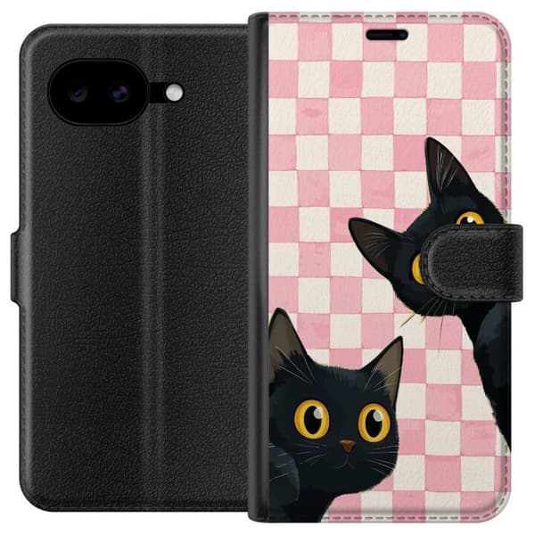 Kompatibel Tegnebogsetui til Google Pixel 10a Legende motiv med to sorte katte og store gule øjne mod lyserøde tern