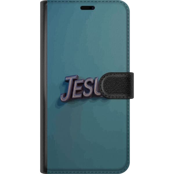 Kompatibel Tegnebogsetui til Google Pixel 7a Jesus-tekst med dekorative bogstaver mod en stilren blågrøn baggrund