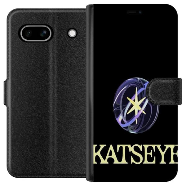 Kompatibel Tegnebogsetui til Google Pixel 7a KATSEYE-emblem med stjerne og lilla cirkelformer over lys tekst på sort baggrund