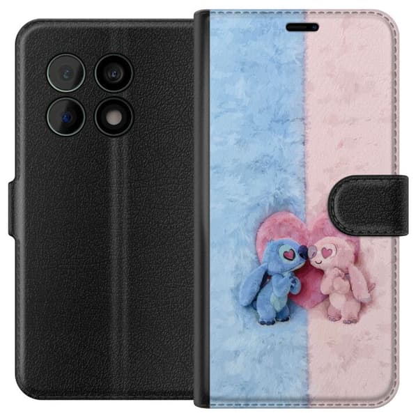 Kompatibel Tegnebogsetui til OnePlus 10 Pro Søde blå og lyserøde figurer foran et stort lyserødt hjerte