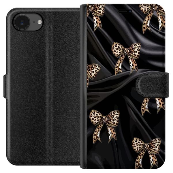 Kompatibel Tegnebogsetui til Apple iPhone 16e Mønster med leopardmønstrede rosetter på sort baggrund i trendy design
