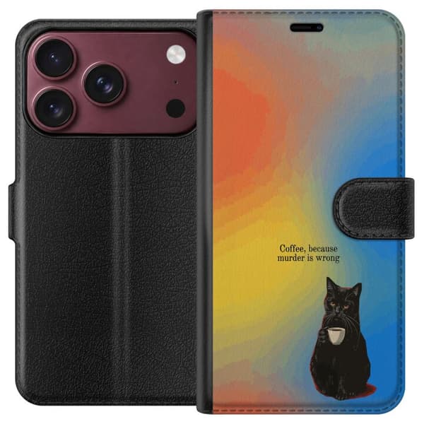 Kompatibel Tegnebogsetui til Apple iPhone 18 Pro Max Humoristisk motiv med sort kat, kaffe og teksten Coffee Because Murder Is Wrong