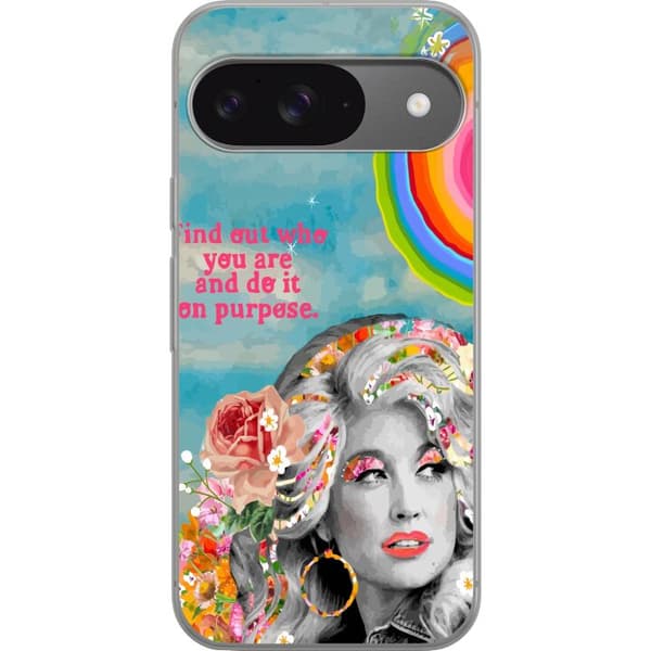 Kompatibelt Mobildeksel til Google Pixel 9 Dolly Parton-portrett med blomster, regnbuedetaljer og dekorativt sitat
