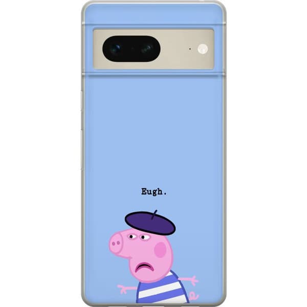Kompatibel Mobilcover til Google Pixel 7 Peppa Pig med basker og teksten Eugh på lyseblå baggrund