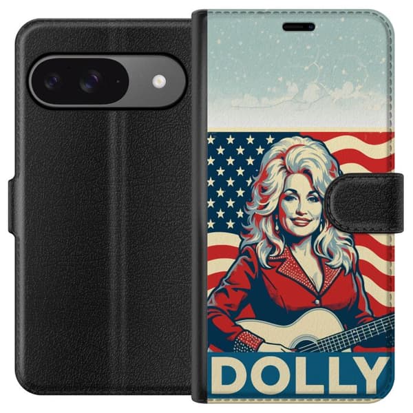 Kompatibelt Plånboksfodral till Google Pixel 9 Dolly Parton med gitarr framför amerikansk flagga i klassiskt retromotiv