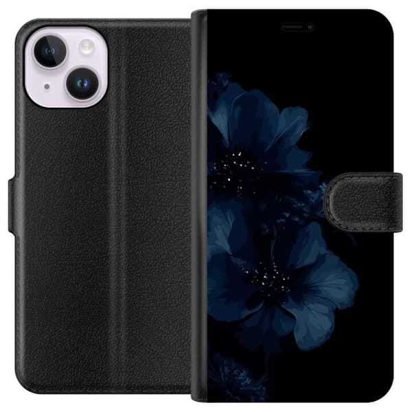 Kompatibel Tegnebogsetui til Apple iPhone 14 Mörkblå blommor