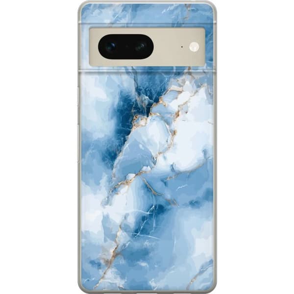 Kompatibelt Mobildeksel til Google Pixel 7 Elegant blått marmormønster med hvite partier og gulldetaljer