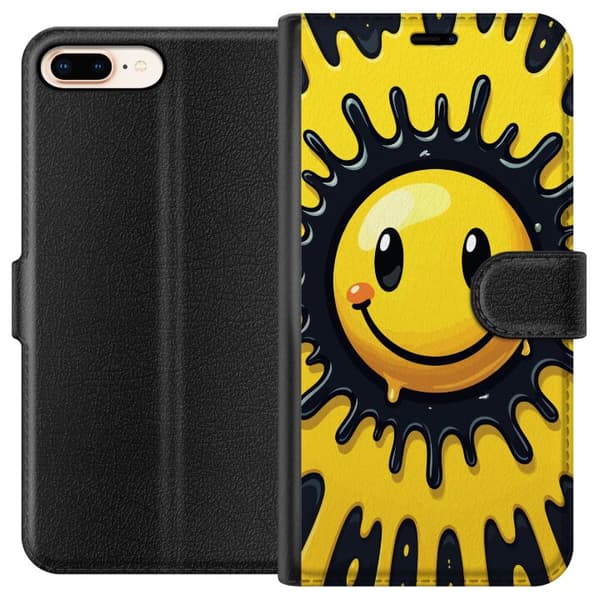 Kompatibel Tegnebogsetui til Apple iPhone 7 Plus Glad gul smiley med sort splat og moderne pop kunst design