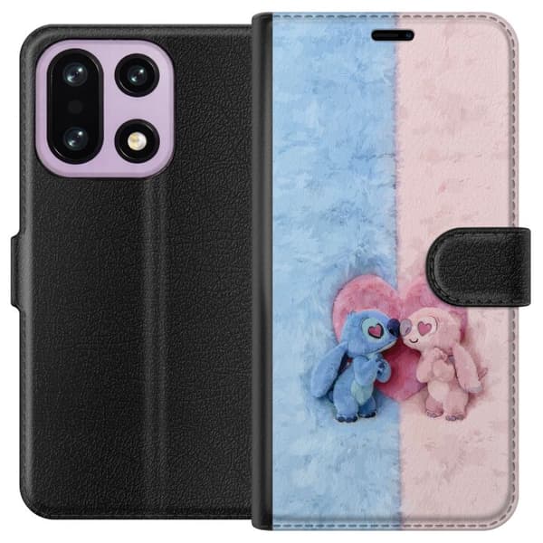 Kompatibel Tegnebogsetui til OnePlus 15 Søde blå og lyserøde figurer foran et stort lyserødt hjerte