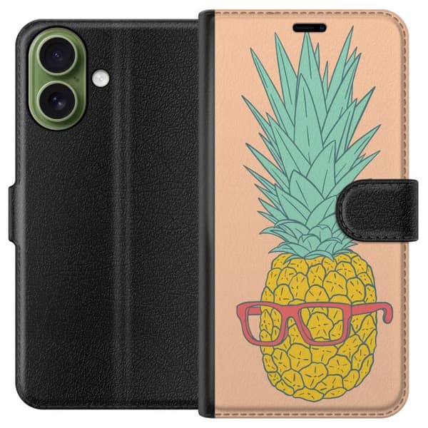 Kompatibelt Lommeboketui til Apple iPhone 17 Gul ananas med røde briller og grønne blader